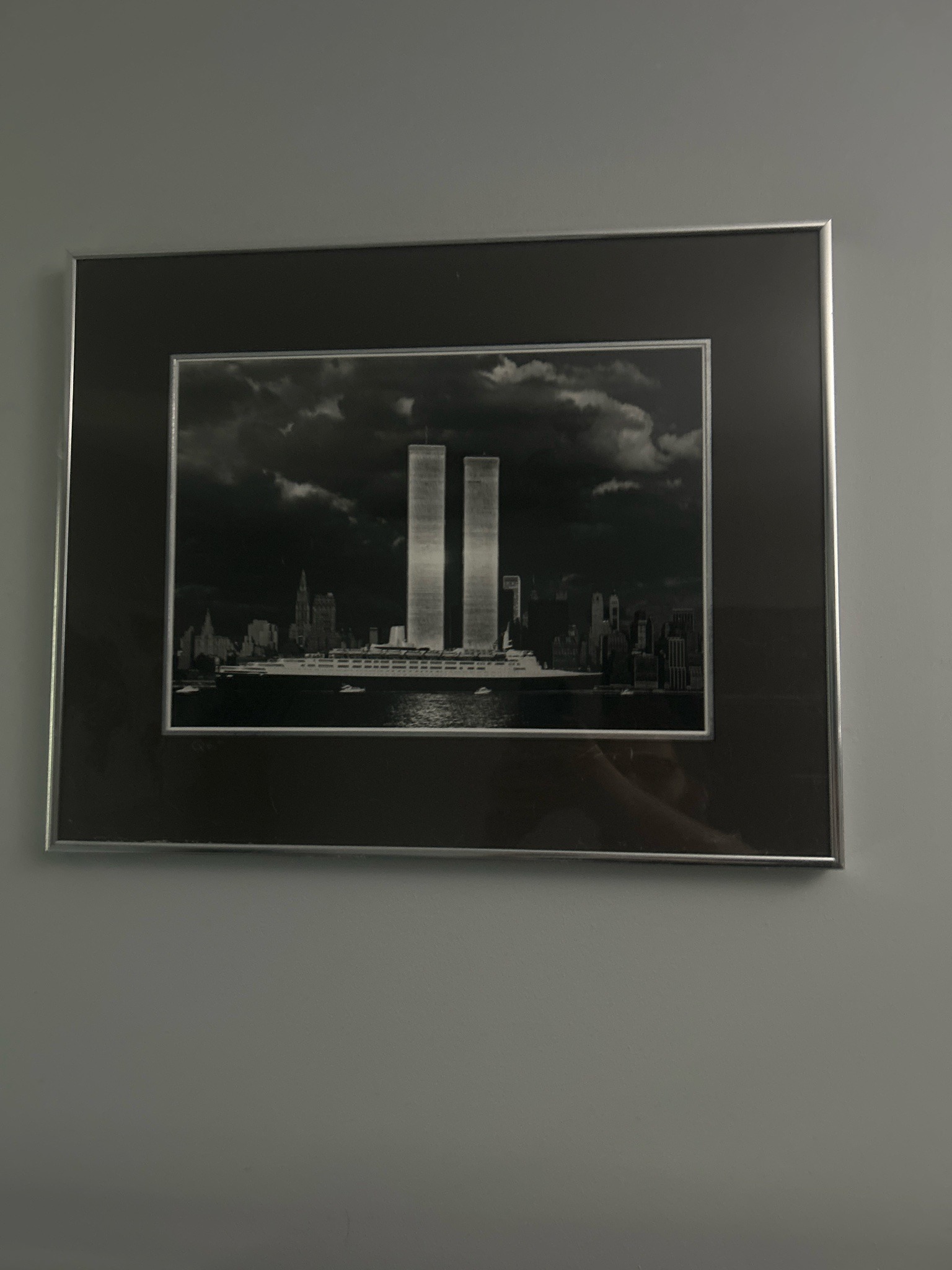 Submitted photo of Black and white framed photographic print depicting the World Trade Center