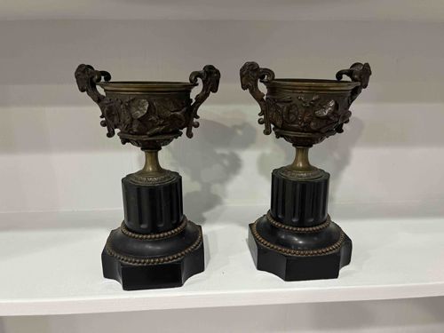 Pair of Neoclassical Style Bronze and Marble Urns