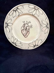 Mallory Wetherell Hand-Drawn Porcelain Plate with Anatomical Heart and Daisies