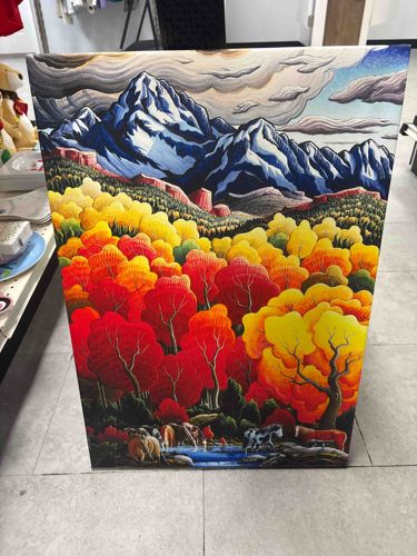 Mountain Landscape with Autumn Trees and Livestock Painting