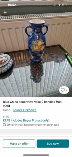 Blue China Decorative Vase with Fruit Motif and Two Handles