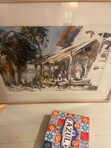 Framed Tropical Landscape Watercolor Painting