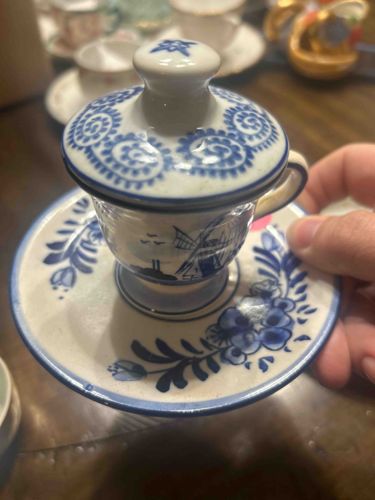 Miniature Delft Blue Hand-Painted Cup and Saucer with Lid