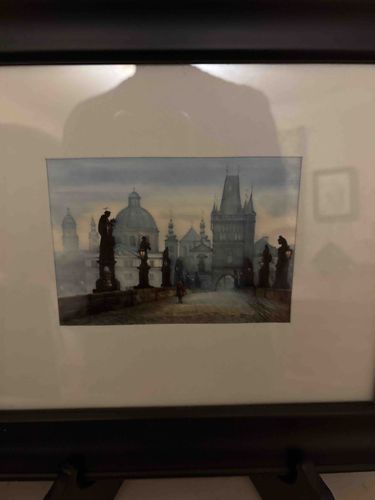 Framed Watercolor Landscape of Charles Bridge, Prague