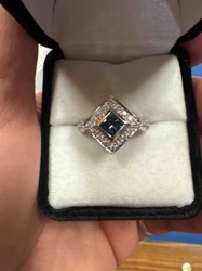 Square Cluster Teal Diamond Ring with Diamond Halo