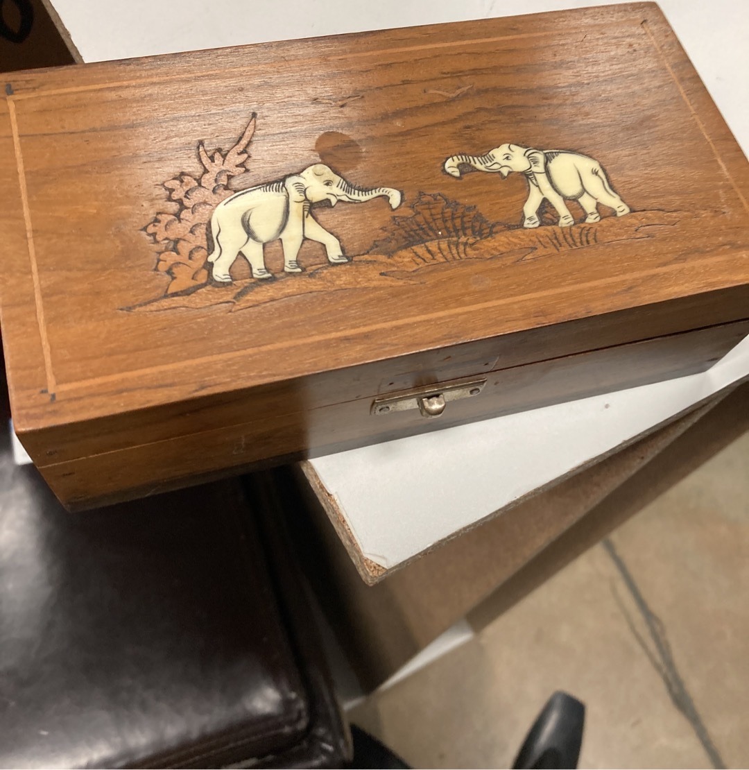 Submitted photo of Wood marquetry trinket box with elephant motif