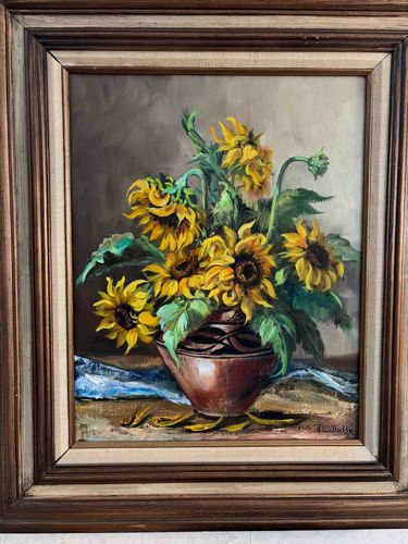 Mid-Century Oil Painting of Sunflowers in a Copper Pot signed 'K. Judge'