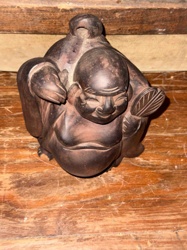 Carved Wooden Hotei (Laughing Buddha) with Child