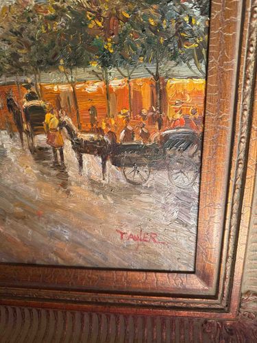 Impressionistic Street Scene Painting with Horse-Drawn Carriages