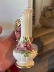 Victorian Style Cream Ceramic Bud Vase with Floral Decor and Gilded Handle