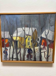 Winter Street Scene Painting with Figures and Bare Trees