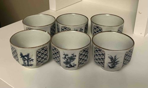 Set of Six Japanese Blue and White Tea Cups