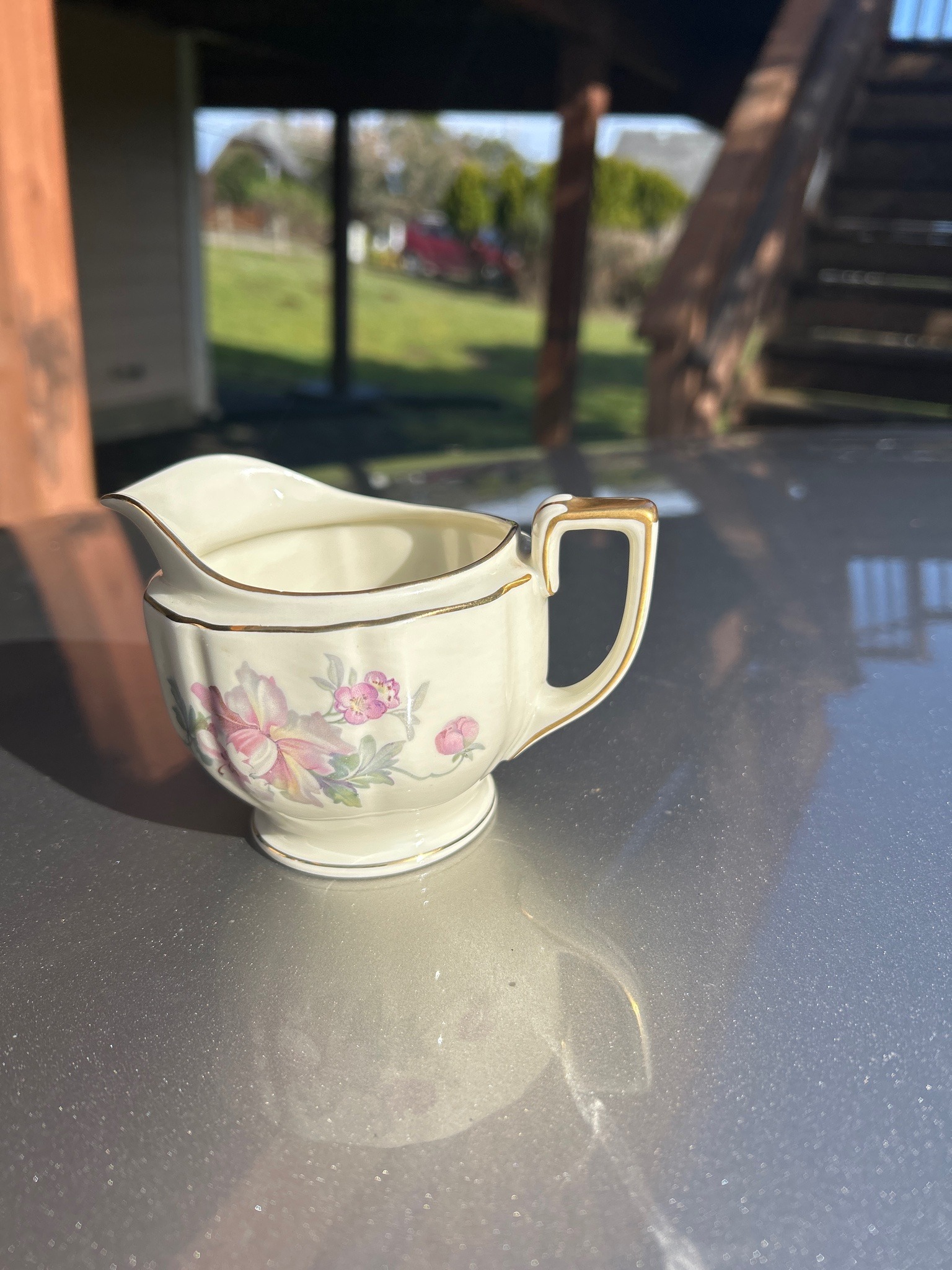 Vintage Floral Bone China Creamer with Gilt Accents