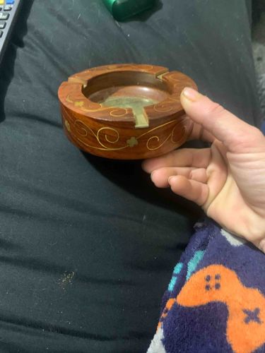 Inlaid Wooden Ashtray with Brass Accents