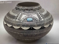 Navajo Pottery Vessel by Myrin Charley with Turquoise Inlay