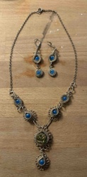 Filigree Silver-Tone Necklace and Dangle Earring Set with Blue Cabochons
