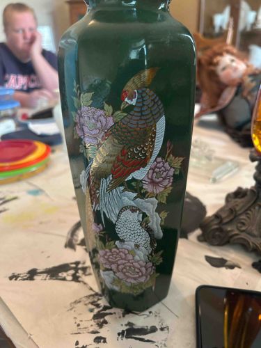 Dark Green Ceramic Vase with Pheasant and Floral Motif