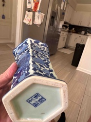 Hexagonal Blue and White Fish Motif Porcelain Vase