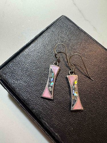 Pink and Mother-of-Pearl Inlay Sterling Silver Drop Earrings