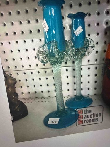 Pair of Teal and Clear Glass Candlesticks
