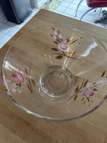 Vintage Clear Glass Chip and Dip Bowl with Floral Enamel Decoration