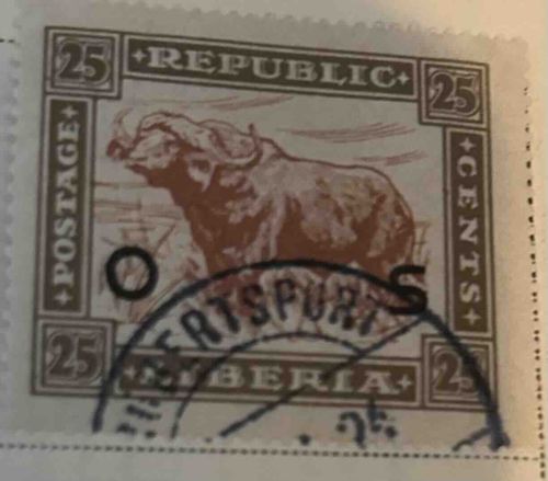 Liberia 25 Cents Republic Postage Stamp with Water Buffalo