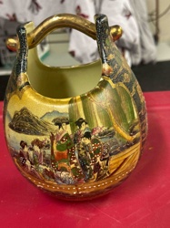 Japanese Satsuma-style Ewer/Basket Vase with Geisha and Mountain Scene