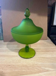Mid-Century Frosted and Clear Green Glass Covered Candy Dish / Compote