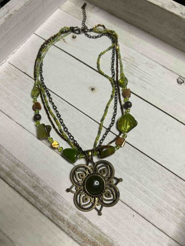Multi-Strand Green Beaded Necklace with Floral Pendant
