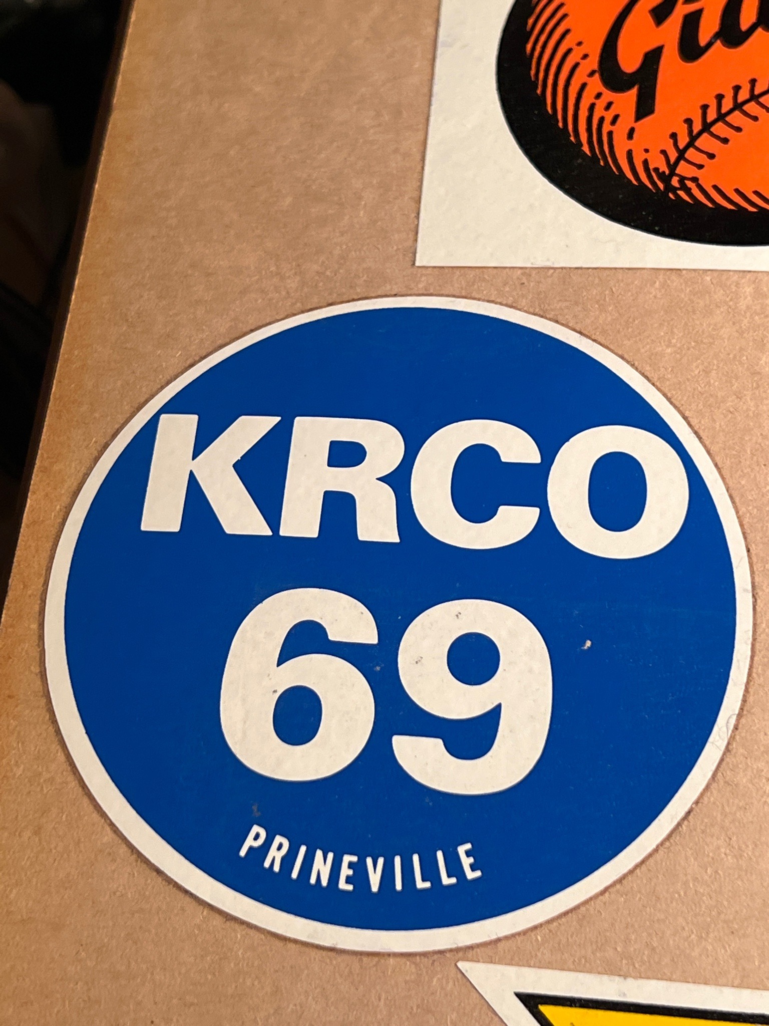 Submitted photo of Vintage Round Vinyl Sticker Reading 'KRCO 69 PRINEVILLE'