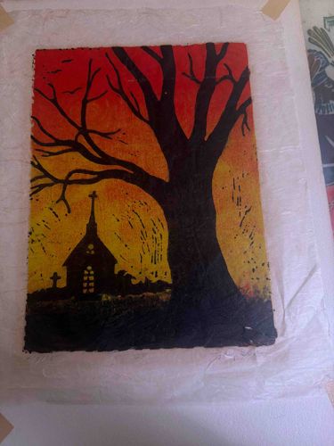 Gothic Church Silhouette Sunet Painting on Textured Paper