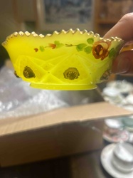 Opalescent Yellow Daisy and Button Glass Bowl with Hand-Painted Floral Decor