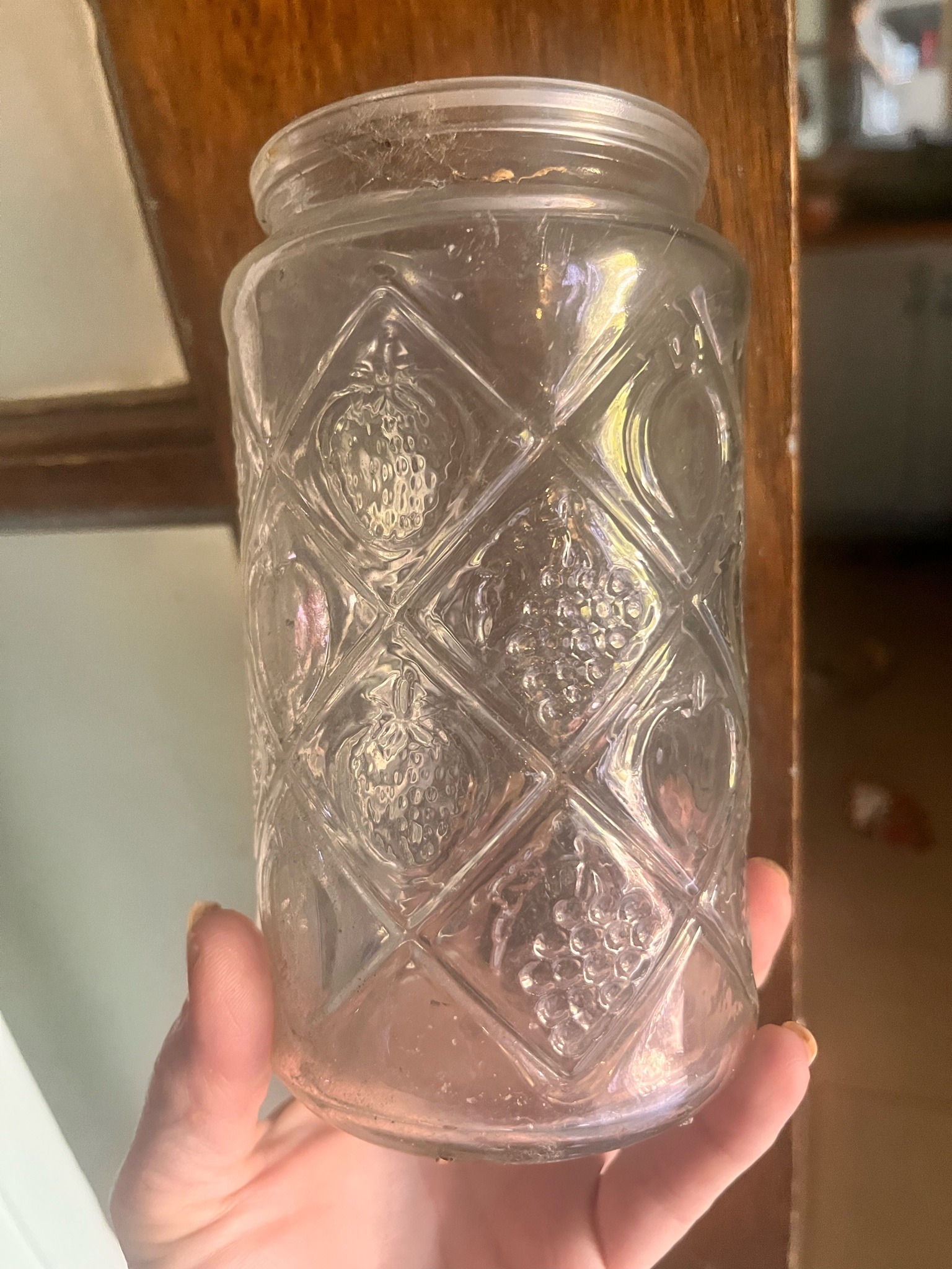 Vintage Embossed Fruit Motif Glass Jelly Jar