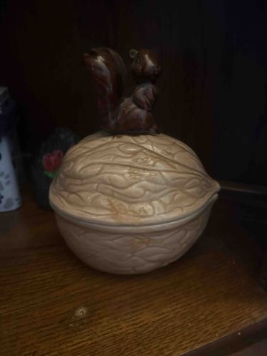 Squirrel and Walnut Ceramic Lidded Container