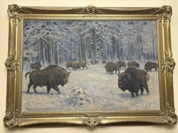 Painting of European Bison (Żubry) in a Winter Forest Scene