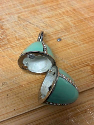 Teal Enamel and Rhinestone Egg Locket Pendant