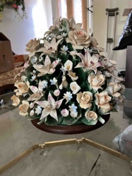 Porcelain Floral Arrangement Centerpiece on Wood Base