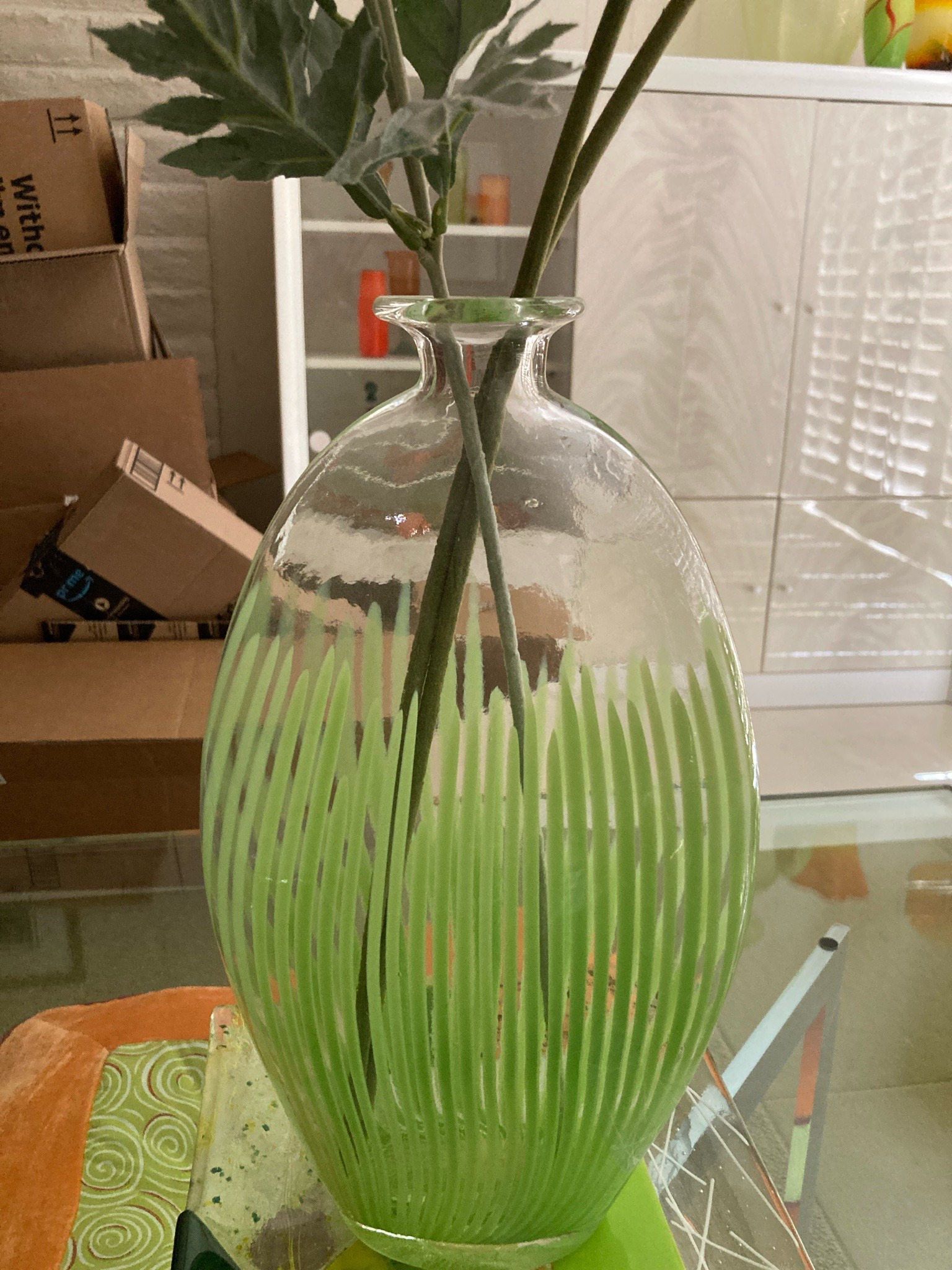 Submitted photo of Clear glass vase with green painted stripes