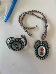 Native American Silver and Turquoise Inlay Necklace and Bracelet Set
