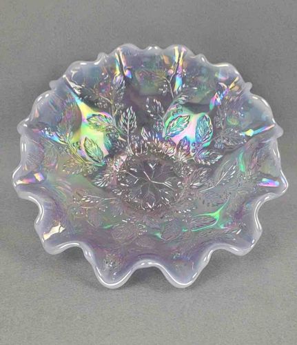 Fenton Holly Pattern Carnival Glass Bowl in White Opalescent