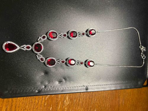 Silver-Toned Red Stone and Pave CZ Necklace