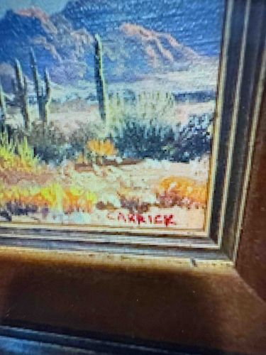 Desert Landscape Painting with Cacti and Mountains