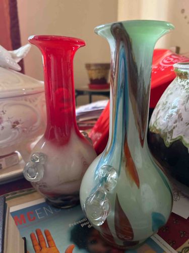 Pair of Art Glass Bud Vases with Applied Rigaree