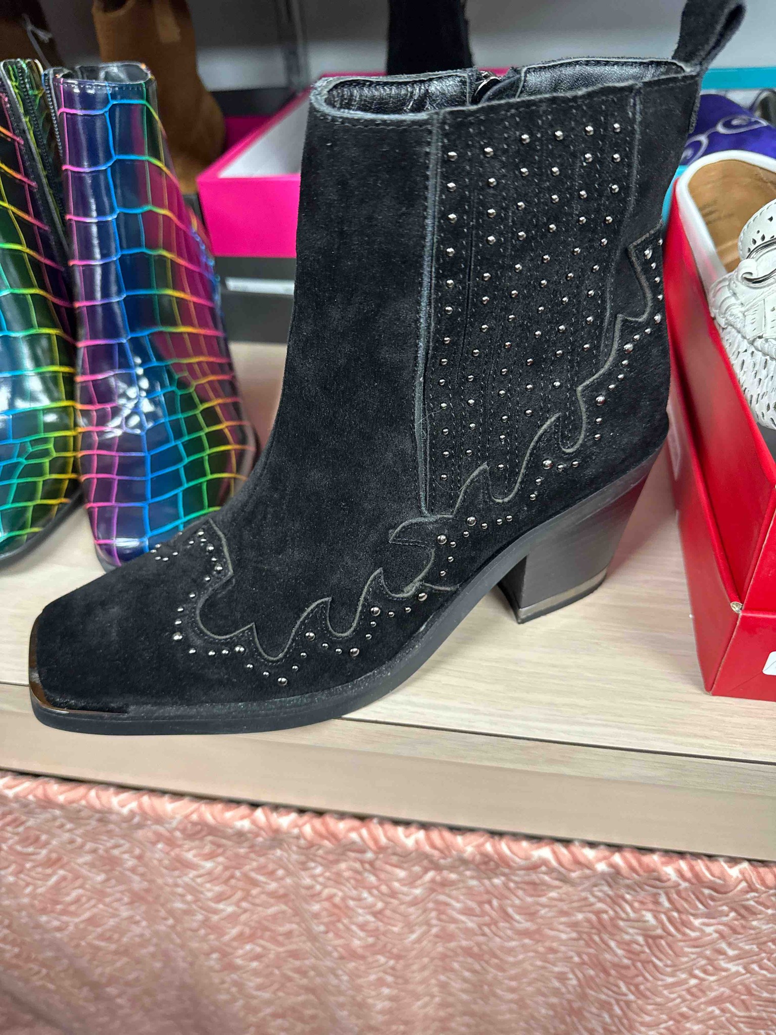 Black Studded Suede Western Ankle Boot