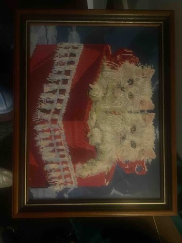Framed Cross-Stitch of Cat in Christmas Stocking