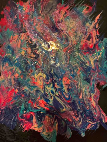Abstract Liquid Pour Painting with Metallic and Glitter Accents