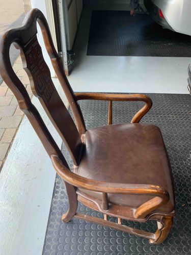 Carved Wooden Armchair with Leather Seat