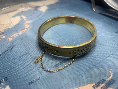 Vintage Engraved Bangle Bracelet with Safety Chain