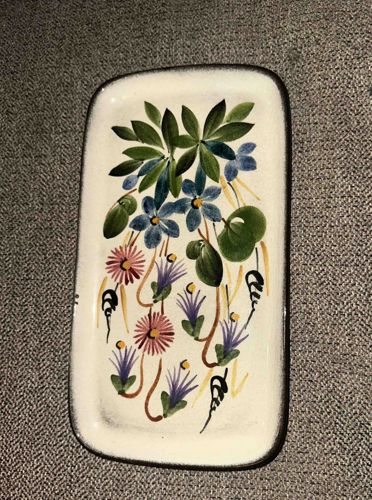 Hand-Painted Ceramic Rectangular Dish with Floral Motif