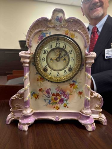 Ansonia Porcelain Mantel Clock with Floral Decoration